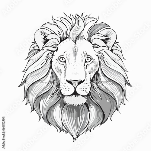 Detailed black and white vector illustration of a majestic lion head artwork