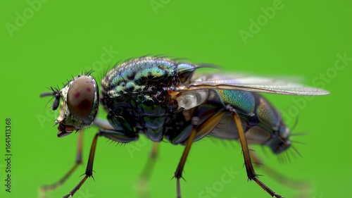 Wallpaper Mural Macro Close-up of a Metallic Green Blowfly or Housefly on a Vibrant Green Background, Detailed Insect Portrait Torontodigital.ca