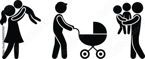 Family bonding silhouettes, parents with children, stroller scene, loving embrace, playful interaction, parental guidance, family illustration, relationship icons, child development