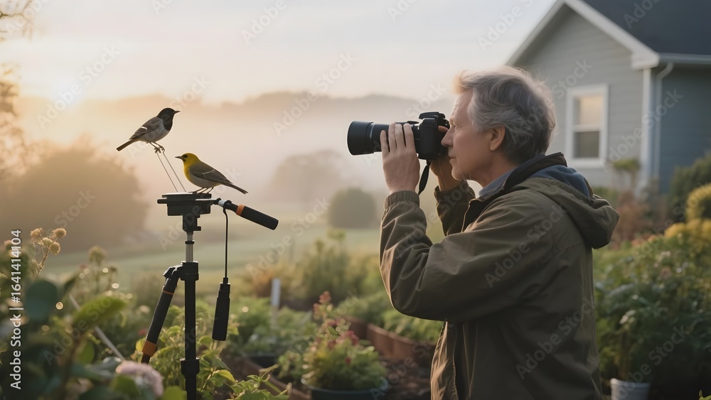 Obraz premium A photographer captures birds perched on a tripod-mounted perch in a garden setting during sunrise.