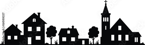 Silhouette of Small Town Village with Houses, Church, Trees, Peaceful Neighborhood Scene, Countryside Living Concept, Residential Street Vector Art