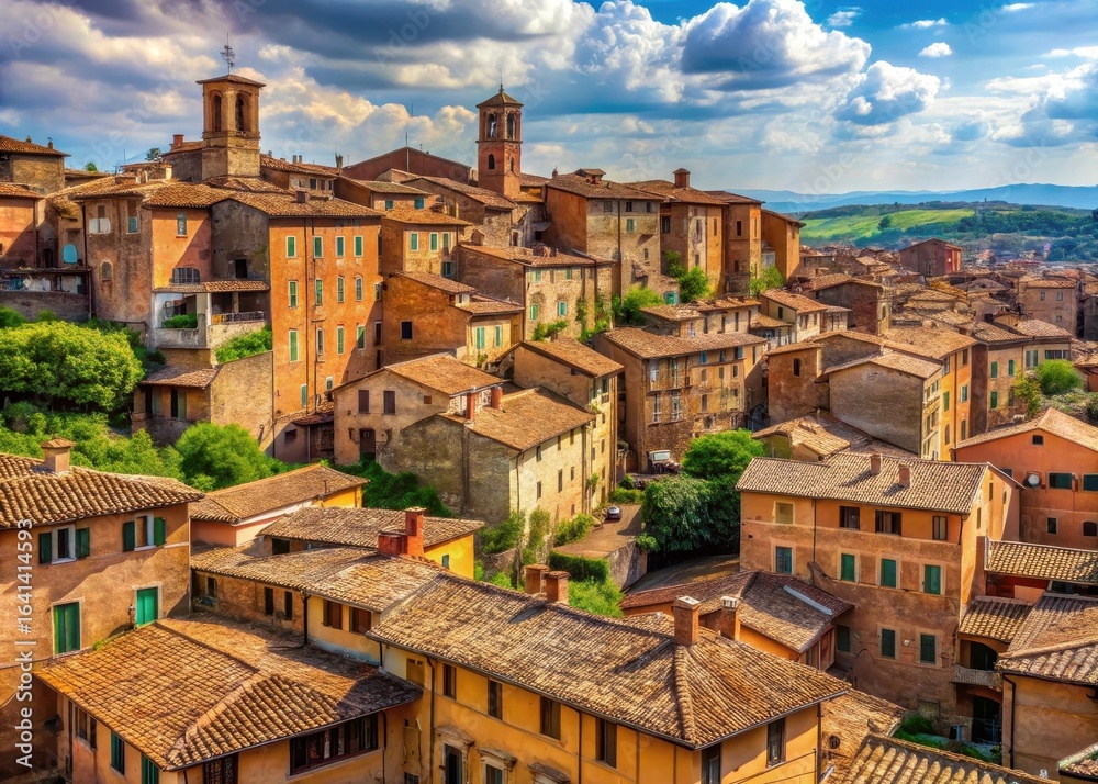 Fototapeta premium Medieval city streets lined with terracotta rooftops and historic buildings in Siena Tuscany Italy