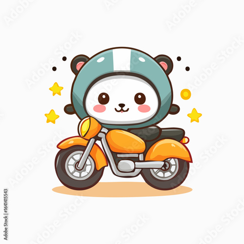 Adorable Panda on a Motorcycle Illustration with Helmet and Starry Background Design