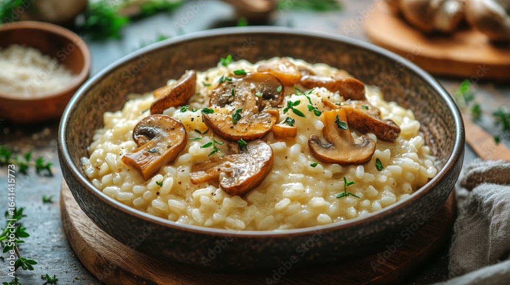 Mushroom Risotto Served in a Rustic Bowl With Fresh Herbs and Cheese in a Cozy Kitchen Setting Mushroom Risotto Served in a Rustic Bowl With Fresh Herbs and Cheese in a Cozy Kitchen Setting