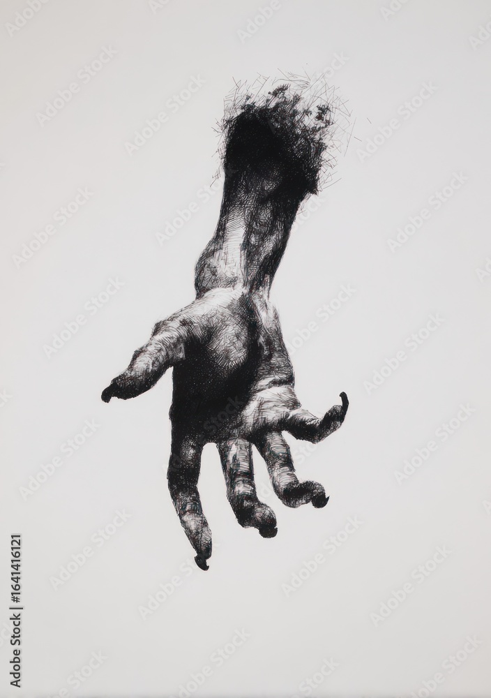 Obraz premium Detailed monochrome sketch of a disembodied hand with distressed textural effects
