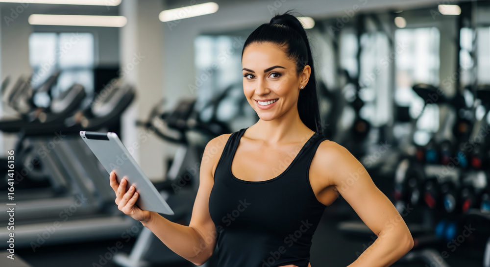Fototapeta premium Smiling woman fitness instructor holding tablet in gym