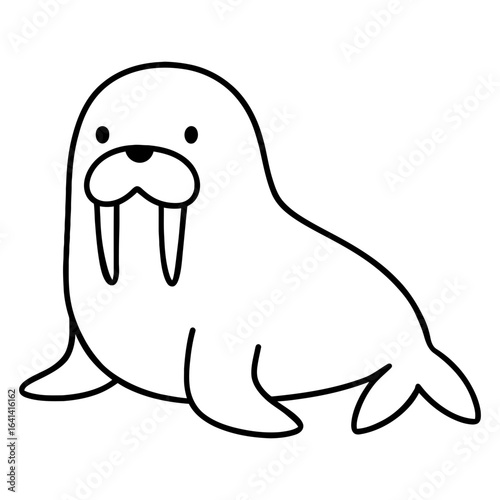 Cute cartoon outline illustration of walrus sitting isolated on white background