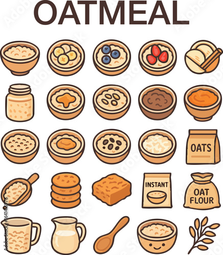 Oatmeal and Breakfast Icons – Healthy Food and Grain Products