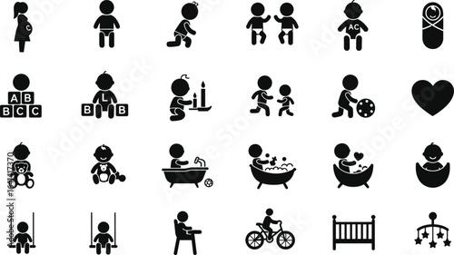 Baby icons, children silhouette, toddler activities, newborn care, playtime, bath time, cycling, swinging, crawling, learning, birthday, love, crib, family, siblings, toys, baby shower, 
