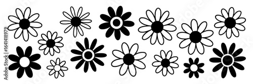 Thirteen Simple Daisy Flower Icons: Black and White Vector Graphics for Commercial Use.  Includes variations in size and color inversion, perfect for floral design, textile prints, and