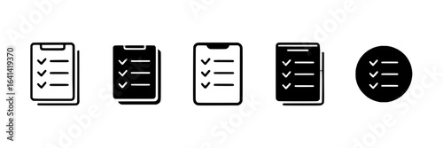Five Checklist Icons:  Black and White Vector Graphics for App UI, Website Design, and Project Management.  Includes Clipboard, Tablet, and Circle Styles with Checkmarks and Dashes. Minimalist,
