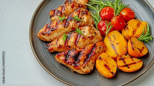 Grilled Chicken With Seasonal Vegetables and Herbs on a Round Plate