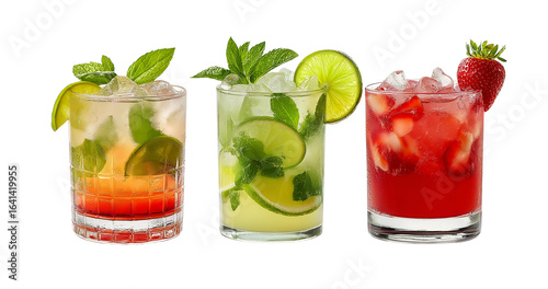 Set of three different summer cocktails with lime, mint, and strawberry, isolated on a white background