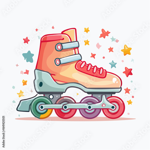 A vibrant retro roller skate amidst a dazzling flurry of stars and sparkle design