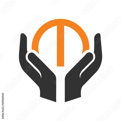 Two dark gray hands cupping an orange circle with a vertical orange bar holding protecting