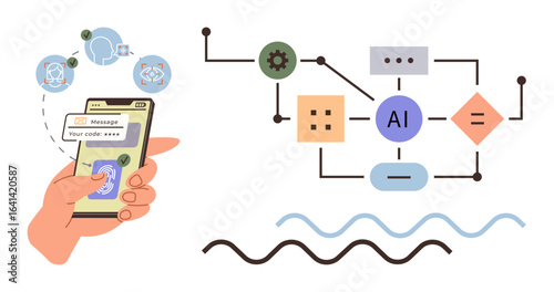Hand holding a phone with secure message verification. AI depicted with flowchart elements. Ideal for technology, AI process, cybersecurity, automation, innovation, communication, simple flat