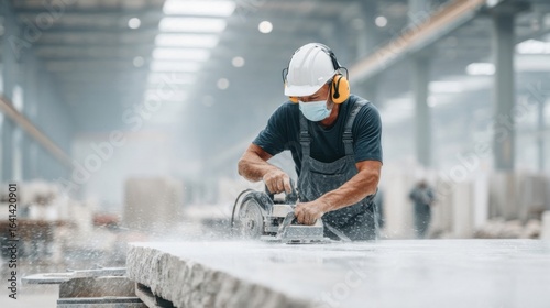 A construction worker cuts stone with a power tool, wearing safety gear in a workshop.
