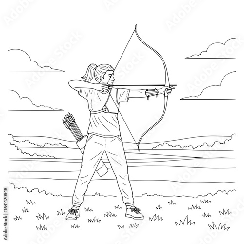 A woman archer in a field drawing back her bow and arrow with clouds in the background landscape