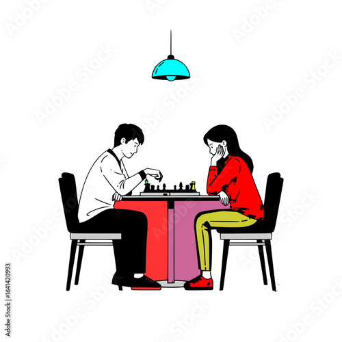 A couple is deeply engrossed in a game of chess under a hanging lamp in a minimalist illustration
