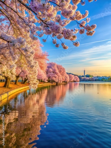 Colorful cherry blossoms in full bloom along the Tidal Basin waterfront
