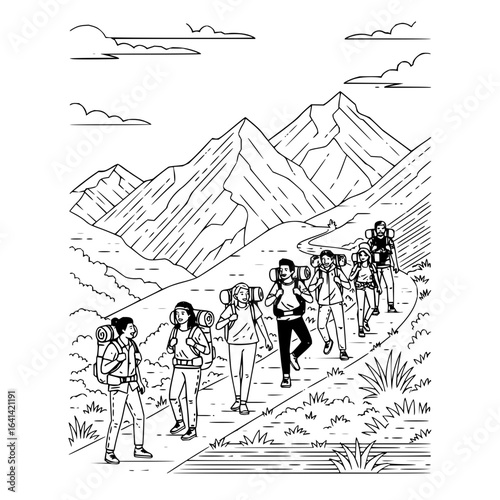 A group of hikers with backpacks walking along a mountain trail on a sunny day in black and white style