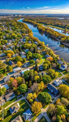 Panoramic aerial view of Winnipeg's River Heights neighborhood with trees and houses