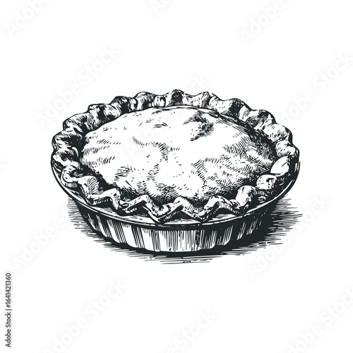 Hand-drawn sketch of a classic savory pie with crimped crust