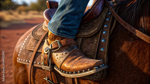 Close up of cowboy boot in stirrup on leather horse saddle outdoors 
