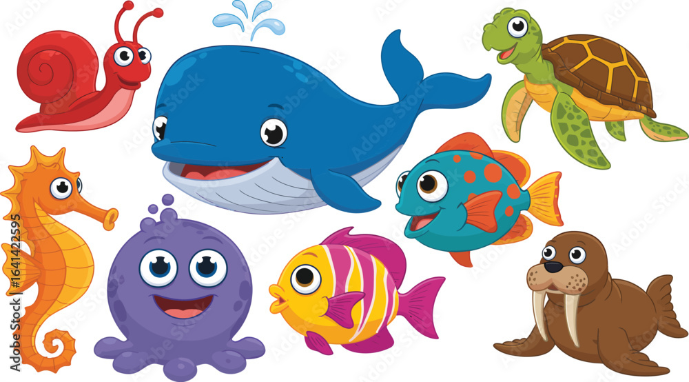 Fototapeta premium Cute collection of cartoon sea animals. Vector illustration set of marine life characters.