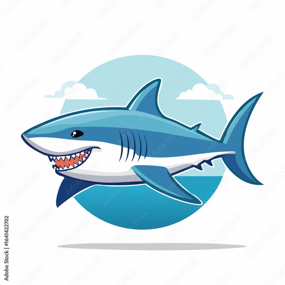 Obraz premium Cartoon Shark Character Illustration with Happy Expression and Aquatic Scene Background