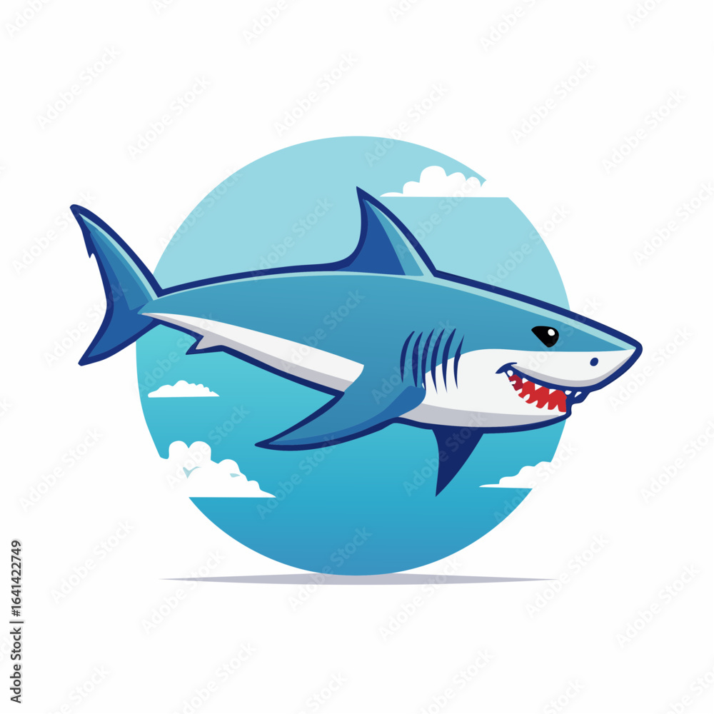 Fototapeta premium Cartoon Shark with Blue Circle and Clouds: A Fun and Friendly Underwater Illustration