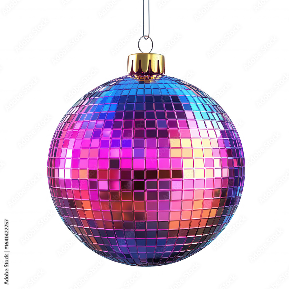 Fototapeta premium 3d icon Shiny multicolored for ball Winter christmas ornament hanging, Nativity isolated on transparent perfect festive disco background, designs
