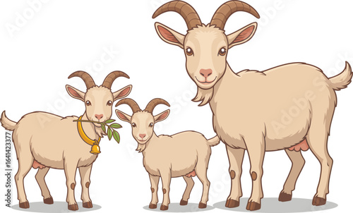 Charming cartoon illustration of a goat family with a mother nanny and two kids