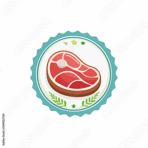 Cartoon style steak emblem presenting culinary delight with fresh green garnish and classic badge