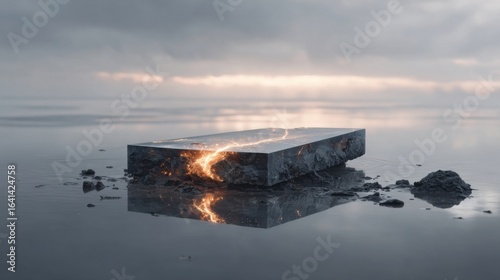 A reflective rectangular slab emerges from a calm water surface, glowing with molten light.