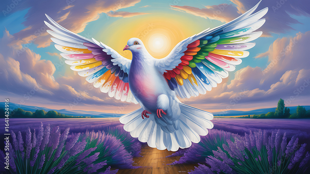 Fototapeta premium A colorful dove soars over a lavender field at sunset, spreading peace