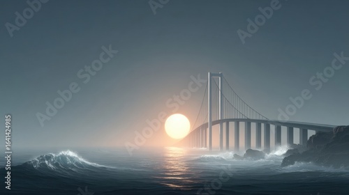 A serene bridge spanning a calm ocean at sunset, with soft waves and misty atmosphere.