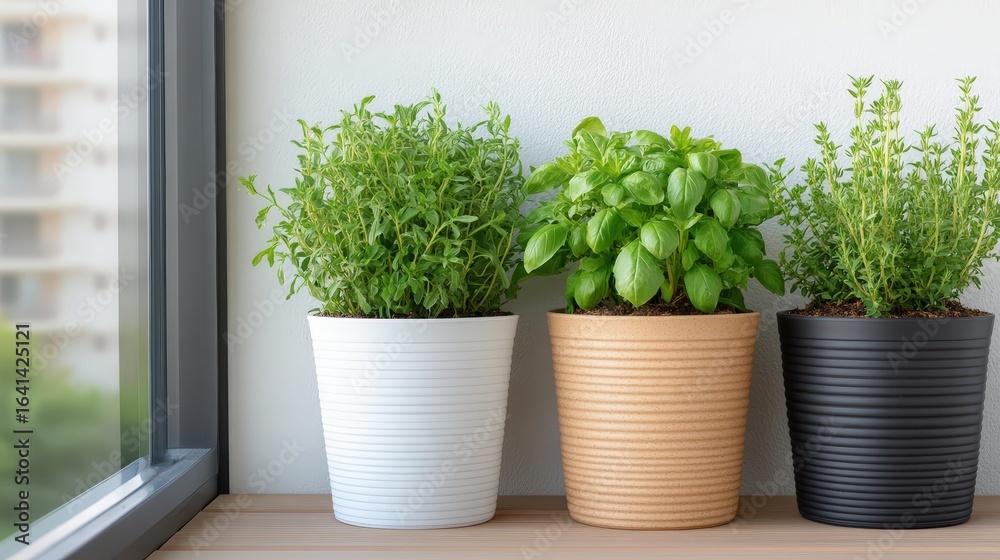 Fototapeta premium Three potted herb plants sit on a windowsill with natural light coming through a nearby glass window.