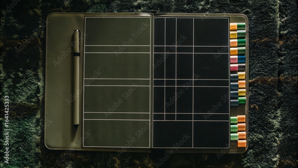 Obraz premium Flatlay of a Colorful Planner with various Markers and a Pen on a Textured Background