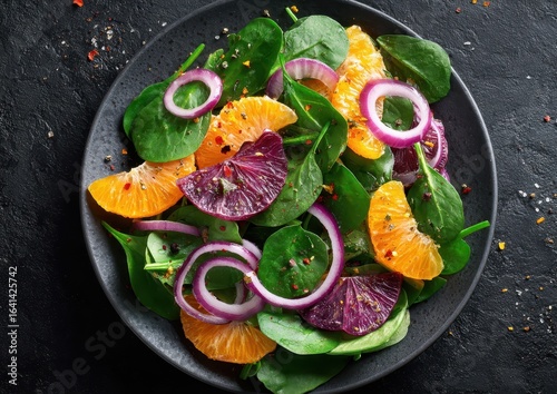 Vibrant salad with spinach, orange, red onion, and blood orange segments on a dark plate
