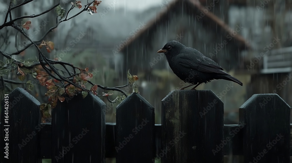 Fototapeta premium Blackbird perched on fence post in the rain, moody nature scene, dark bird photography, rainy day scene outdoors