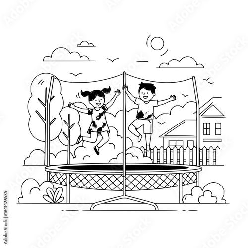 Children joyfully jumping on a trampoline surrounded by trees and a house in a black and white drawing
