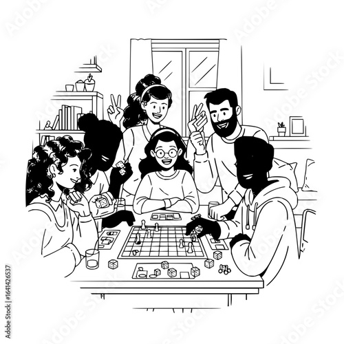 A group of friends playing board games together in a cozy room filled with joy and laughter during game night