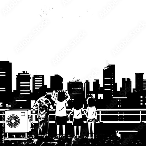 Four children watch the city skyline from a rooftop with an air conditioning unit in the foreground