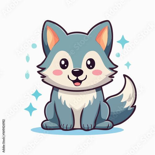 Adorable cartoon wolf illustration with sparkling accents on a clean white background
