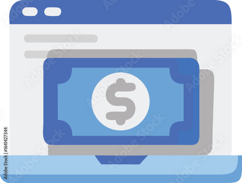 Vector art of online money transaction with dollar bill on laptop screen, representing digital finance and ecommerce