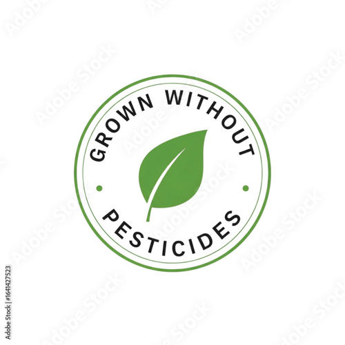 A circular logo featuring a green leaf and text promoting pesticide-free growing practices.