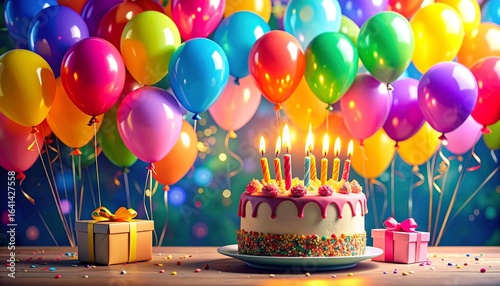 Wallpaper Mural birthday party balloons, colourful balloons background and birthday cake with candles Torontodigital.ca