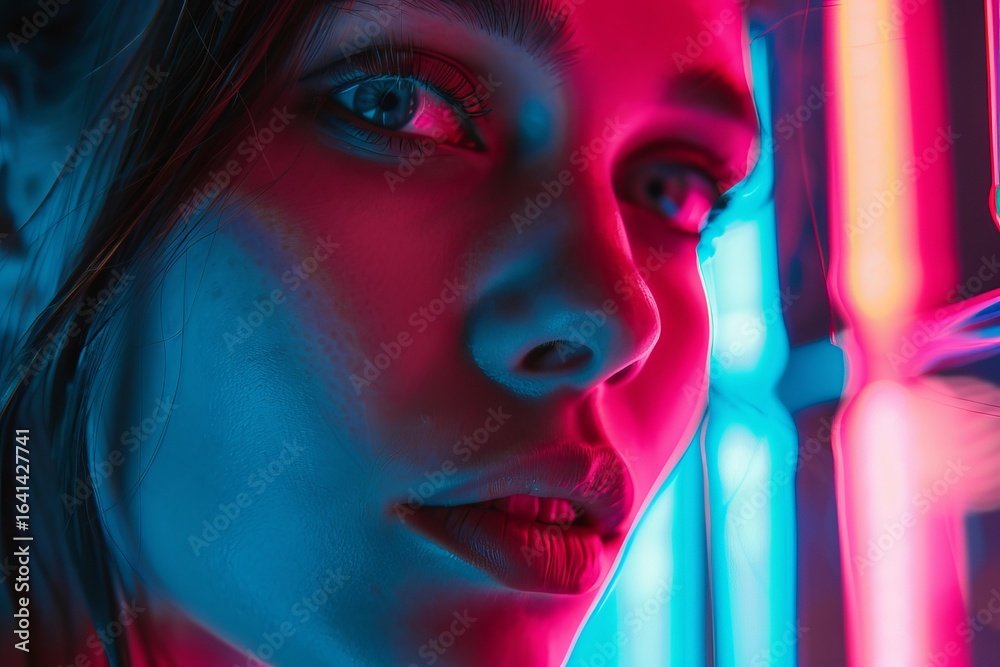 Obraz premium Close up of a beautiful woman's face illuminated by vibrant neon lights, creating a cyberpunk aesthetic