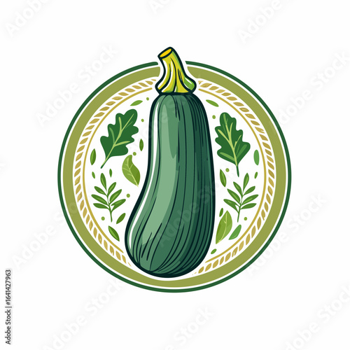 Illustration of a green zucchini on a round frame surrounded by green leaves